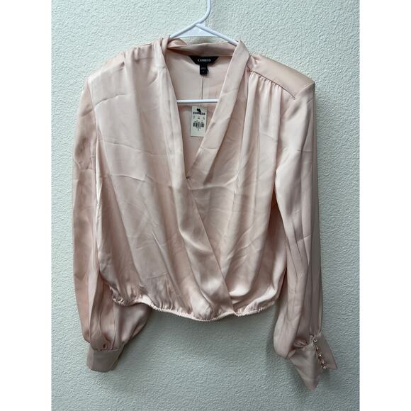 Express Shirt Womens Size S Blush Pink Faux Wrap V Neck Puff Shoulder Blouse New - Picture 1 of 5